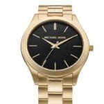 Michael Kors Slim Runway Quartz Black Dial Gold Steel Strap Watch For Men - MK8621
