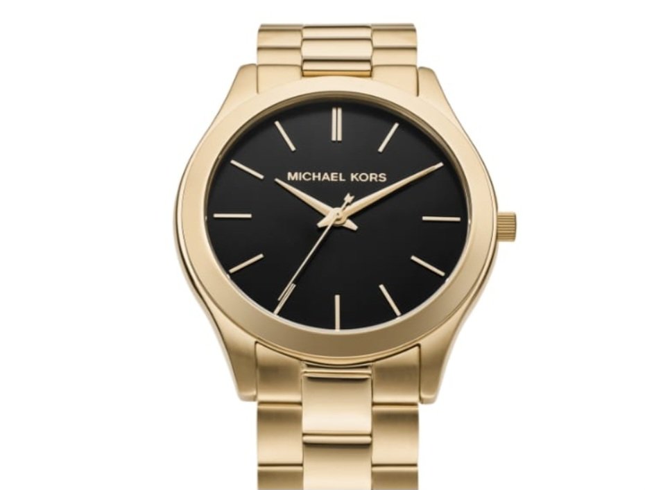 Michael Kors Slim Runway Quartz Black Dial Gold Steel Strap Watch For Men - MK8621